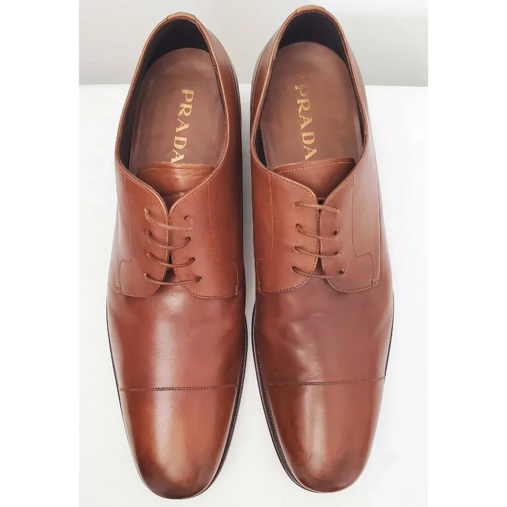 PRADA Men's Brown Leather Cap Toe Derby Dress Shoes 11